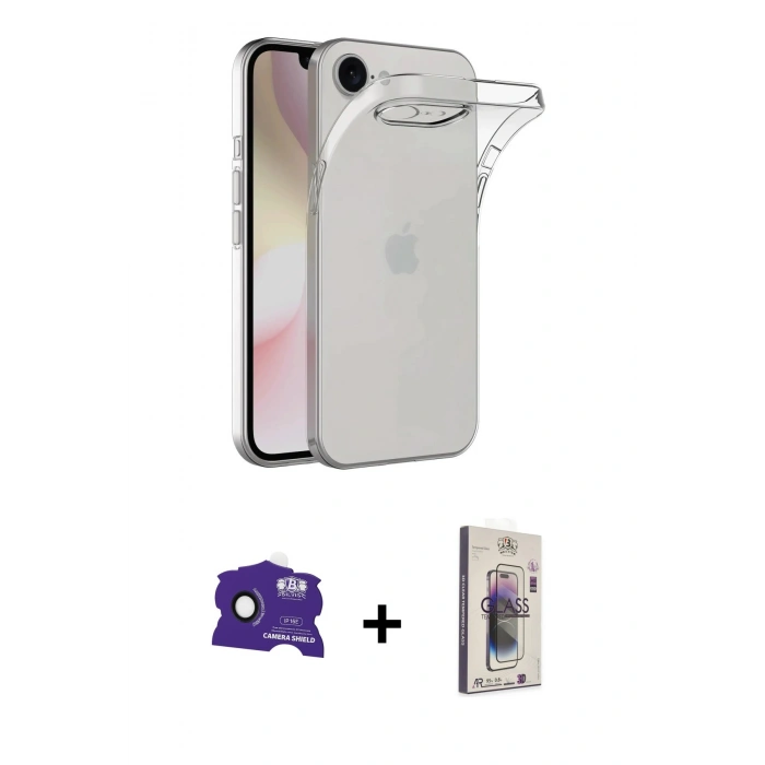 MARSİLYAN™- iPhone 16E Kılıf Zirve Doku - Siyah Bilvis 3D Cam Ekran Koruyucu + Bilvis Titan Kamera Lens - SH