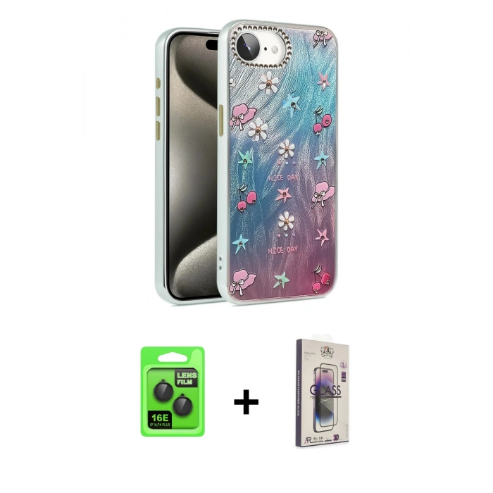MARSİLYAN™- iPhone 16E Kılıf Zirve Modern Prime - Siyah Bilvis 3D Cam Ekran Koruyucu + Raze Metal Kamera Lens - SH