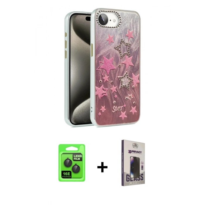 MARSİLYAN™- iPhone 16E Kılıf Zirve Modern Prime - Siyah Bilvis Hayalet Cam Ekran Koruyucu + Raze Metal Kamera Lens - SH
