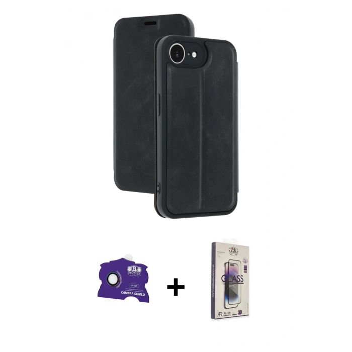 MARSİLYAN™- iPhone 16E Kılıf Zirve Yansıma Serisi - Siyah Bilvis 3D Cam Ekran Koruyucu + Rainbow Bilvis Titan Kamera Lens