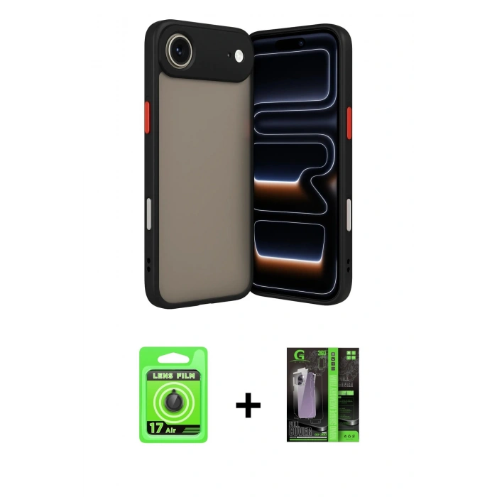 MARSİLYAN™- iPhone 17 Air Kılıf Ahenk Çizgi Serisi - Siyah 360 Mat Full Body Arka Koruyucu + Raze Metal Kamera Lens - SH