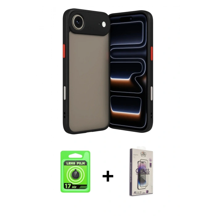MARSİLYAN™- iPhone 17 Air Kılıf Ahenk Çizgi Serisi - Siyah Bilvis 3D Cam Ekran Koruyucu + Raze Metal Kamera Lens - SH