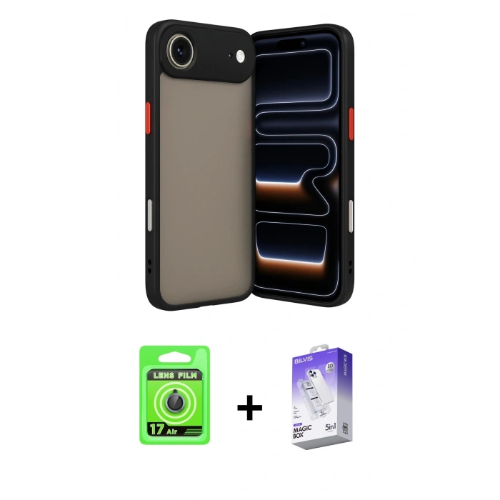 MARSİLYAN™- iPhone 17 Air Kılıf Ahenk Çizgi Serisi - Siyah Bilvis 5in1 3D Magic Cam Ekran Koruyucu + Raze Metal Kamera Lens - MI