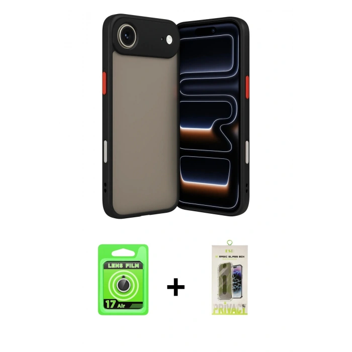MARSİLYAN™- iPhone 17 Air Kılıf Ahenk Çizgi Serisi - Siyah Joko Magic 5D Hayalet Cam + Raze Metal Kamera Lens - GS