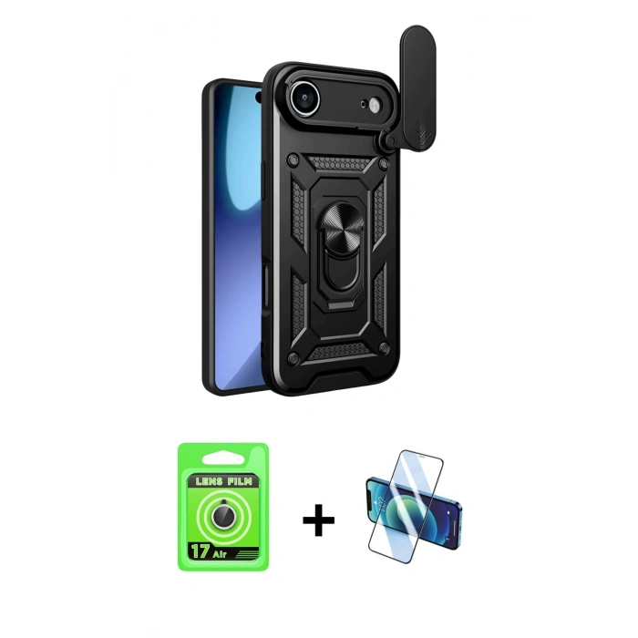 MARSİLYAN™- iPhone 17 Air Kılıf Ahenk Klasik - Siyah 3D Antistatik Seramik Nano Ekran Koruyucu + Raze Metal Kamera Lens - GS