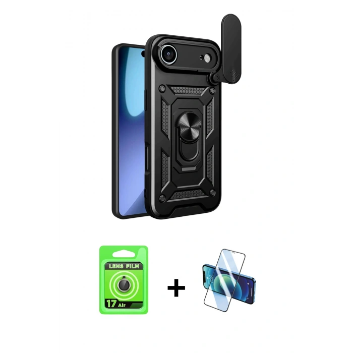 MARSİLYAN™- iPhone 17 Air Kılıf Ahenk Klasik - Siyah 3D Antistatik Seramik Nano Ekran Koruyucu + Raze Metal Kamera Lens - GD