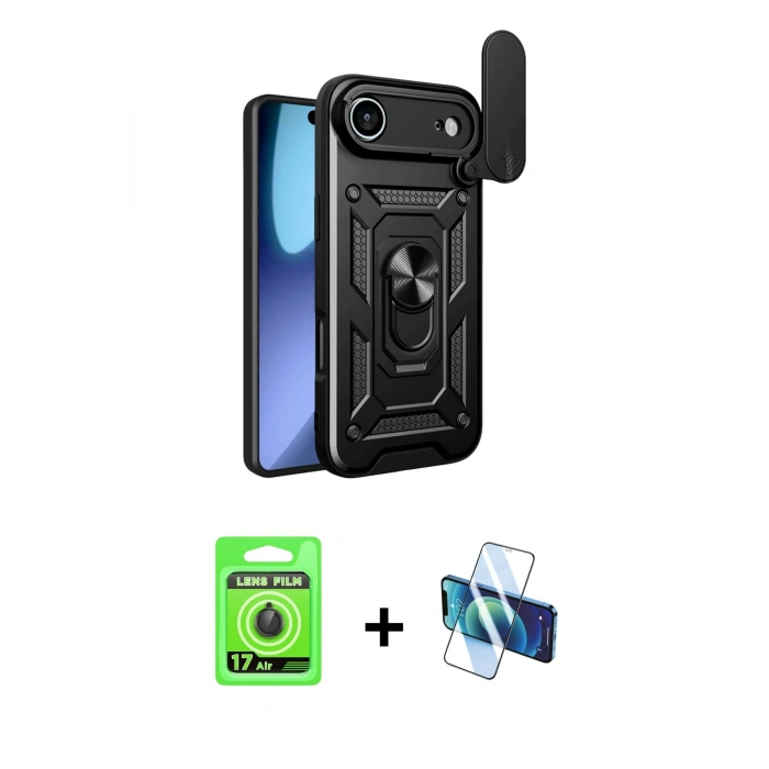 MARSİLYAN™- iPhone 17 Air Kılıf Ahenk Klasik - Siyah 3D Antistatik Seramik Nano Ekran Koruyucu + Raze Metal Kamera Lens - SH