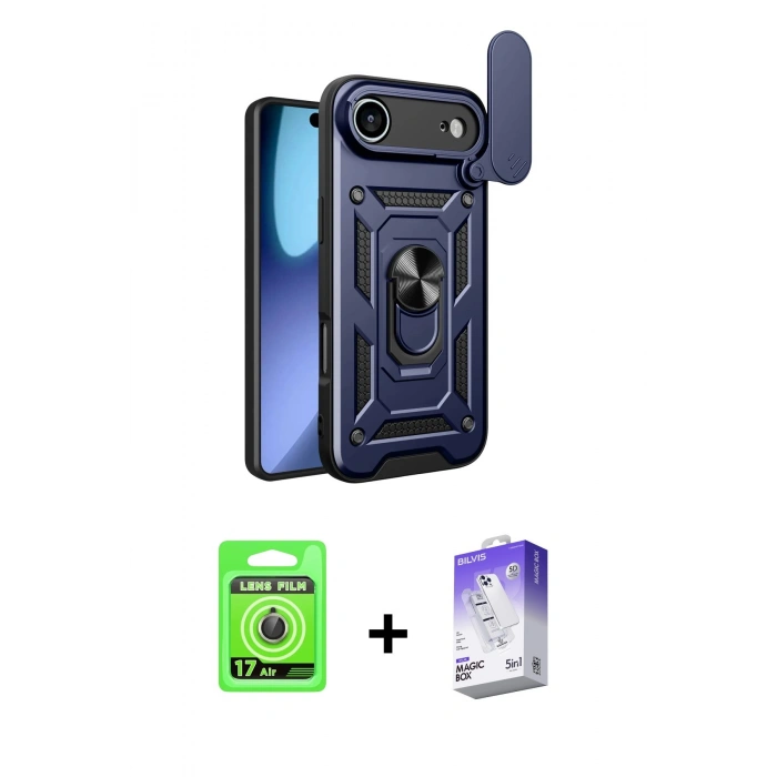 MARSİLYAN™- iPhone 17 Air Kılıf Ahenk Klasik - Siyah Bilvis 5in1 3D Magic Cam Ekran Koruyucu + Raze Metal Kamera Lens - GD