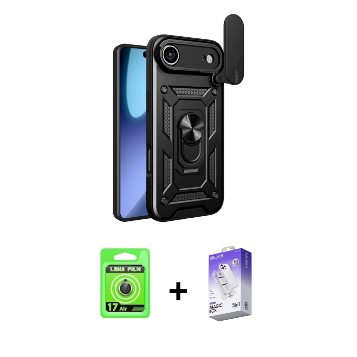 MARSİLYAN™- iPhone 17 Air Kılıf Ahenk Klasik - Siyah Bilvis 5in1 3D Magic Cam Ekran Koruyucu + Raze Metal Kamera Lens - GD
