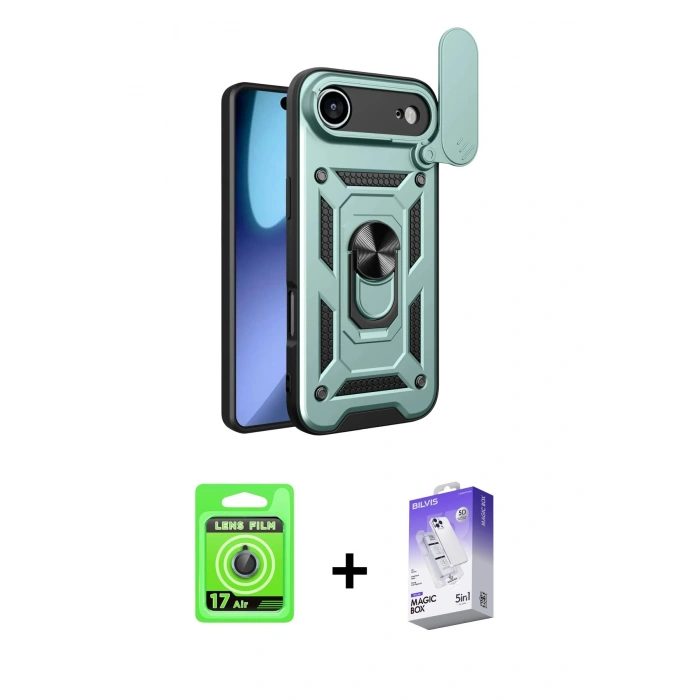 MARSİLYAN™- iPhone 17 Air Kılıf Ahenk Klasik - Siyah Bilvis 5in1 3D Magic Cam Ekran Koruyucu + Raze Metal Kamera Lens - MI
