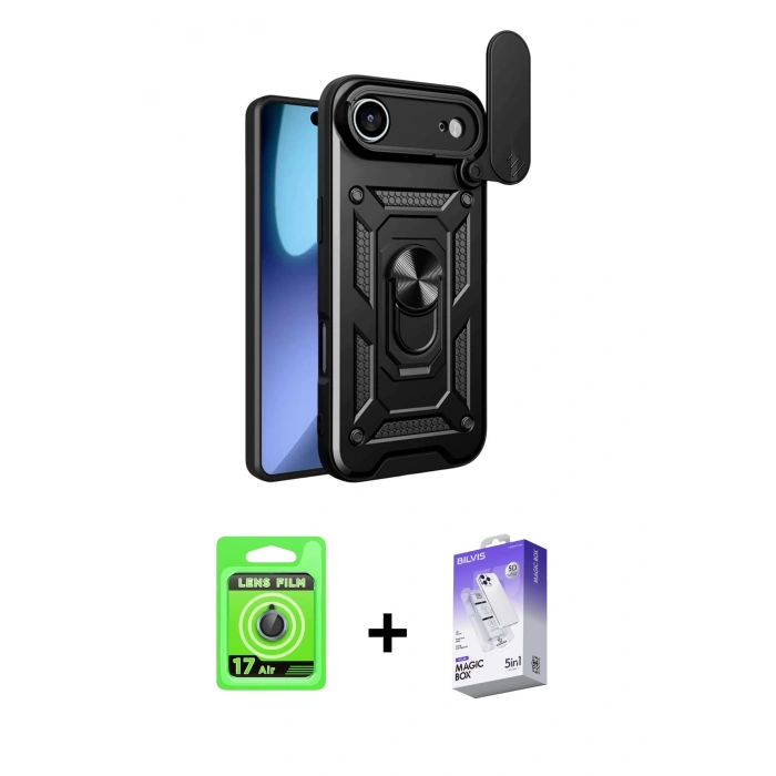MARSİLYAN™- iPhone 17 Air Kılıf Ahenk Klasik - Siyah Bilvis 5in1 3D Magic Cam Ekran Koruyucu + Raze Metal Kamera Lens - MI