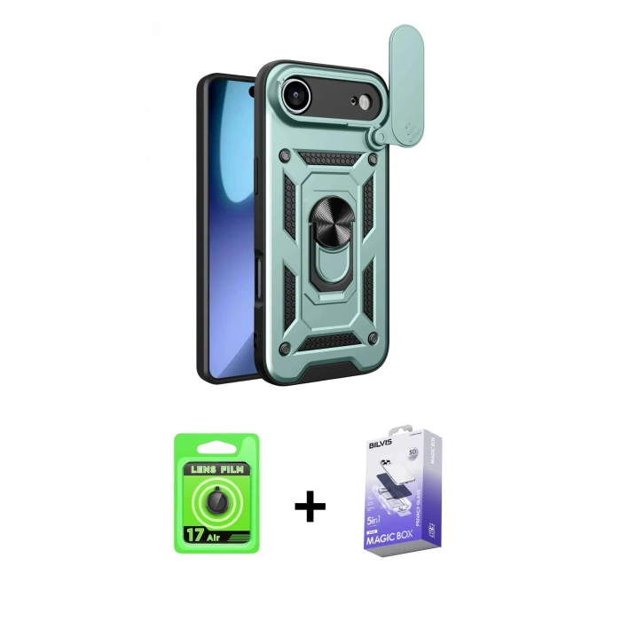 MARSİLYAN™- iPhone 17 Air Kılıf Ahenk Klasik - Siyah Bilvis 5in1 5D Magic Hayalet Cam Ekran Koruyucu + Raze Metal Kamera Lens - SH