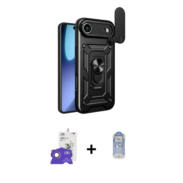 MARSİLYAN™- iPhone 17 Air Kılıf Ahenk Klasik - Siyah Joko Magic 5D Cam + Gold Bilvis Titan Kamera Lens