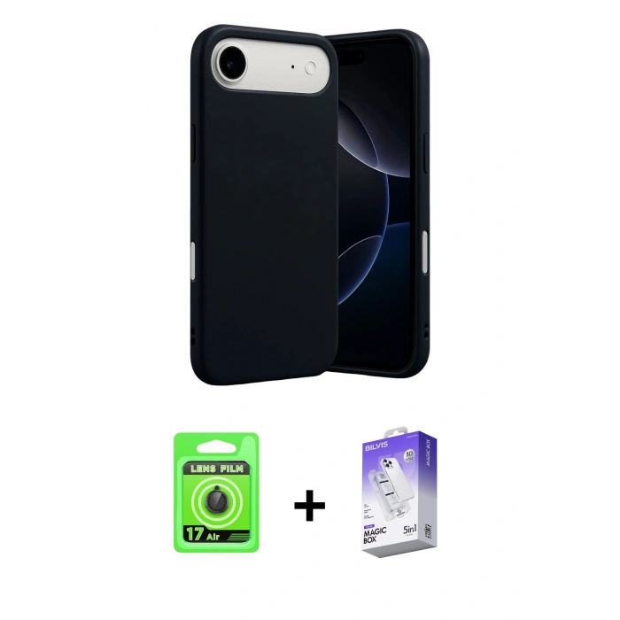 MARSİLYAN™- iPhone 17 Air Kılıf Ahenk Serisi - Siyah Bilvis 5in1 3D Magic Cam Ekran Koruyucu + Raze Metal Kamera Lens - SH