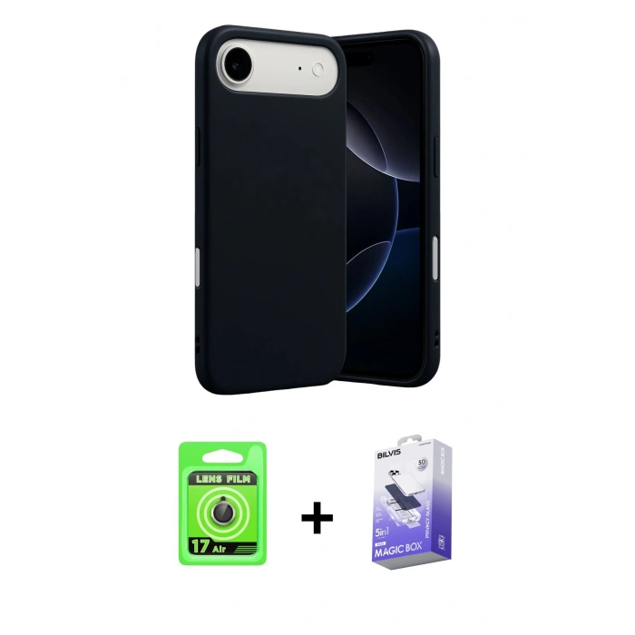 MARSİLYAN™- iPhone 17 Air Kılıf Ahenk Serisi - Siyah Bilvis 5in1 5D Magic Hayalet Cam Ekran Koruyucu + Raze Metal Kamera Lens - GD