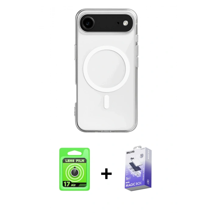 MARSİLYAN™- iPhone 17 Air Kılıf Ahenk Yansıma Prime - Siyah Bilvis 5in1 5D Magic Hayalet Cam Ekran Koruyucu + Raze Metal Kamera Lens - GS