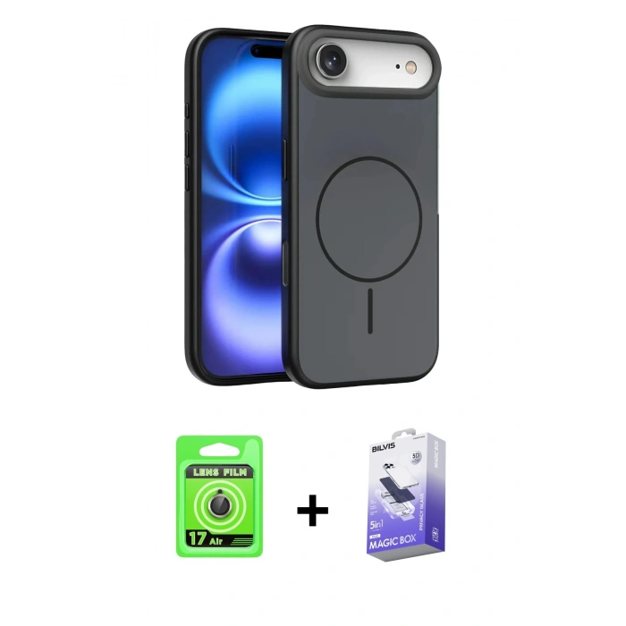 MARSİLYAN™- iPhone 17 Air Kılıf Atlas Asil Prime - Siyah Bilvis 5in1 5D Magic Hayalet Cam Ekran Koruyucu + Raze Metal Kamera Lens - GD