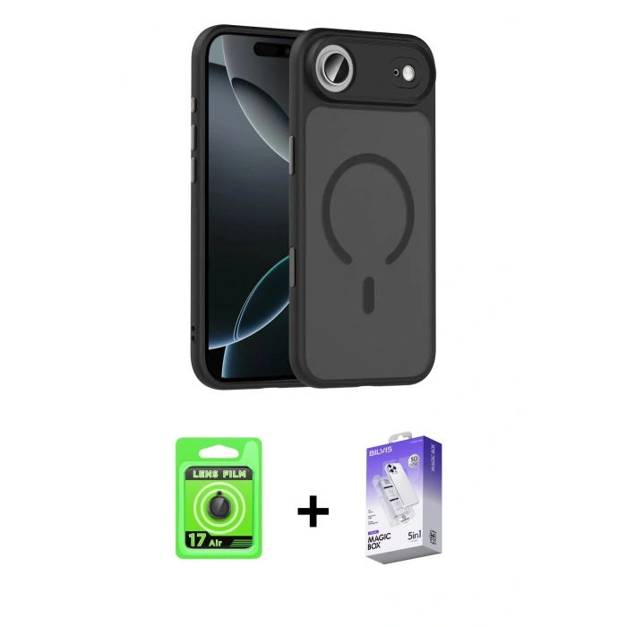 MARSİLYAN™- iPhone 17 Air Kılıf Doruk Form Serisi - Siyah Bilvis 5in1 3D Magic Cam Ekran Koruyucu + Raze Metal Kamera Lens - SH