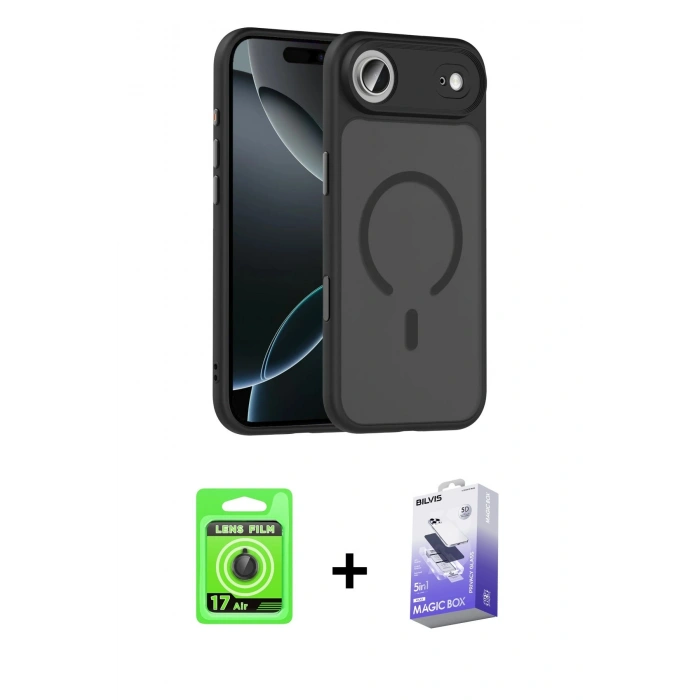 MARSİLYAN™- iPhone 17 Air Kılıf Doruk Form Serisi - Siyah Bilvis 5in1 5D Magic Hayalet Cam Ekran Koruyucu + Raze Metal Kamera Lens - SH