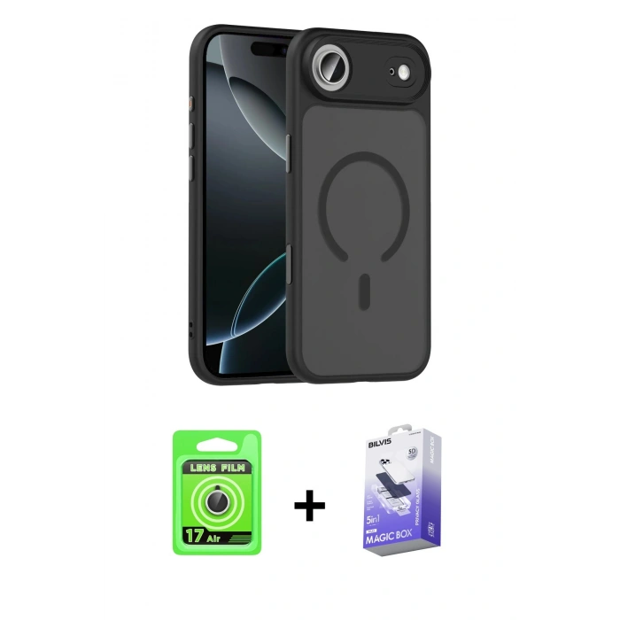 MARSİLYAN™- iPhone 17 Air Kılıf Doruk Form Serisi - Siyah Bilvis 5in1 5D Magic Hayalet Cam Ekran Koruyucu + Raze Metal Kamera Lens - GS