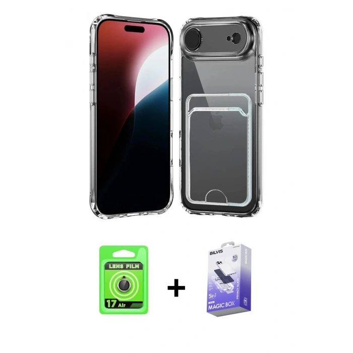 MARSİLYAN™- iPhone 17 Air Kılıf Doruk Klasik Koleksiyonu - Siyah Bilvis 5in1 5D Magic Hayalet Cam Ekran Koruyucu + Raze Metal Kamera Lens - GD