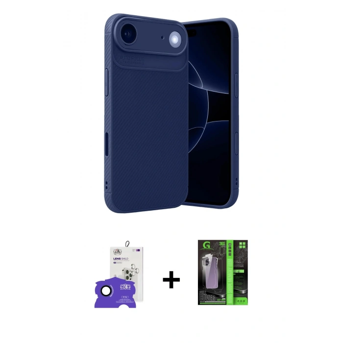 MARSİLYAN™- iPhone 17 Air Kılıf Eksen Form Prime - Şeffaf 360 Full Body Arka Koruyucu + Lacivert Bilvis Titan Kamera Lens