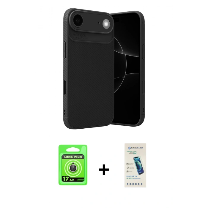 MARSİLYAN™- iPhone 17 Air Kılıf Eksen Form Prime - Şeffaf Pasifik Cam Ekran Koruyucu + Raze Metal Kamera Lens - GD