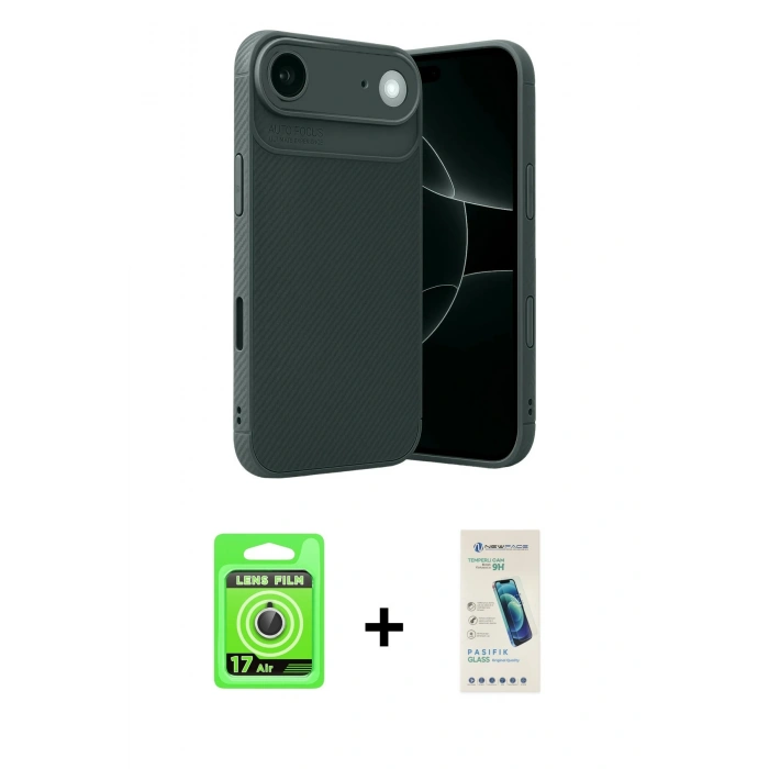 MARSİLYAN™- iPhone 17 Air Kılıf Eksen Form Prime - Şeffaf Pasifik Cam Ekran Koruyucu + Raze Metal Kamera Lens - GS