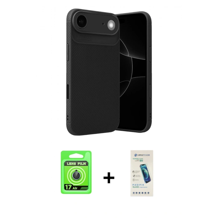 MARSİLYAN™- iPhone 17 Air Kılıf Eksen Form Prime - Şeffaf Pasifik Cam Ekran Koruyucu + Raze Metal Kamera Lens - MI