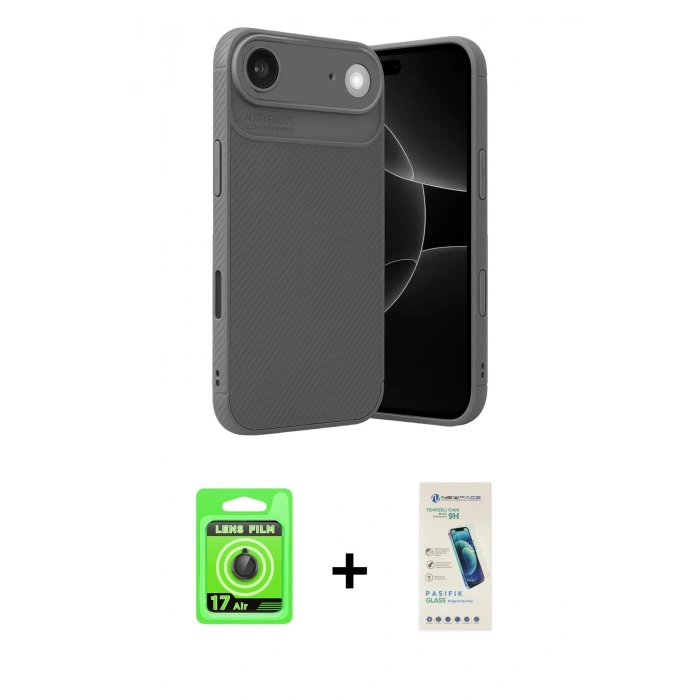 MARSİLYAN™- iPhone 17 Air Kılıf Eksen Form Prime - Şeffaf Pasifik Cam Ekran Koruyucu + Raze Metal Kamera Lens - SH
