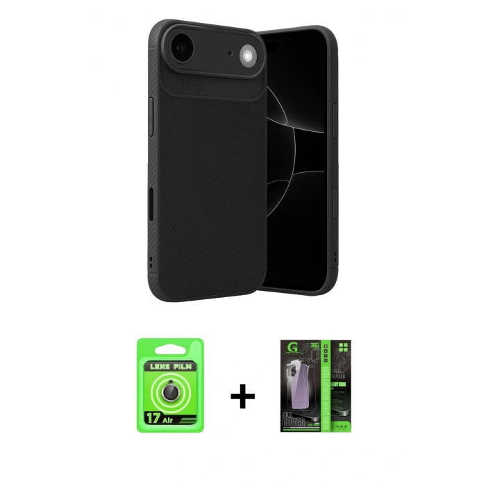 MARSİLYAN™- iPhone 17 Air Kılıf Eksen Form Prime - Siyah 360 Mat Full Body Arka Koruyucu + Raze Metal Kamera Lens - GD