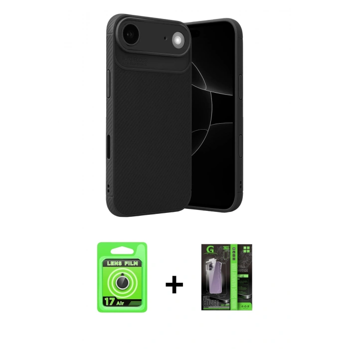 MARSİLYAN™- iPhone 17 Air Kılıf Eksen Form Prime - Siyah 360 Mat Full Body Arka Koruyucu + Raze Metal Kamera Lens - GS