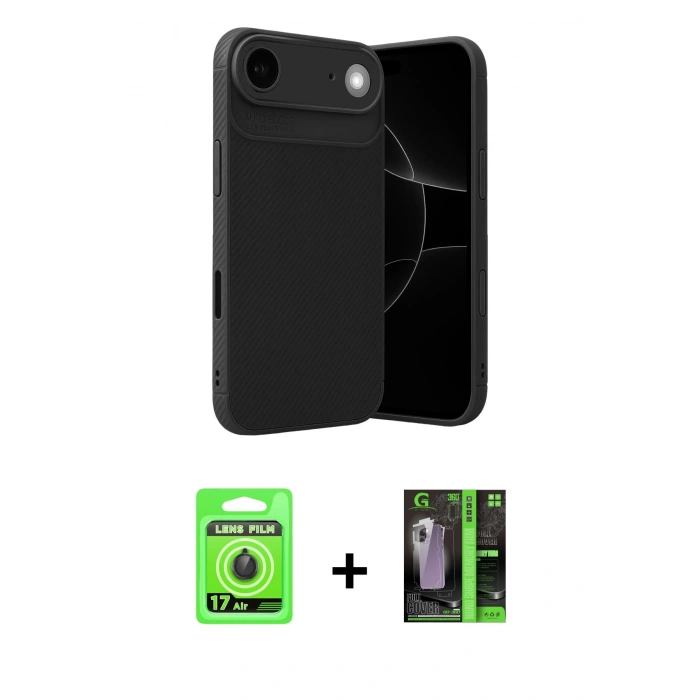MARSİLYAN™- iPhone 17 Air Kılıf Eksen Form Prime - Siyah 360 Mat Full Body Arka Koruyucu + Raze Metal Kamera Lens - SH