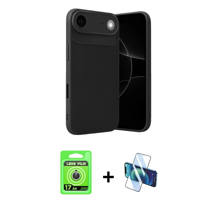 MARSİLYAN™- iPhone 17 Air Kılıf Eksen Form Prime - Siyah 3D Antistatik Cam Ekran Koruyucu + Raze Metal Kamera Lens - GS