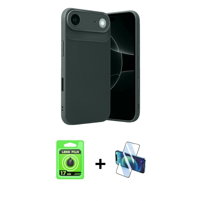 MARSİLYAN™- iPhone 17 Air Kılıf Eksen Form Prime - Siyah 3D Antistatik Cam Ekran Koruyucu + Siyah Raze Metal Kamera Lens