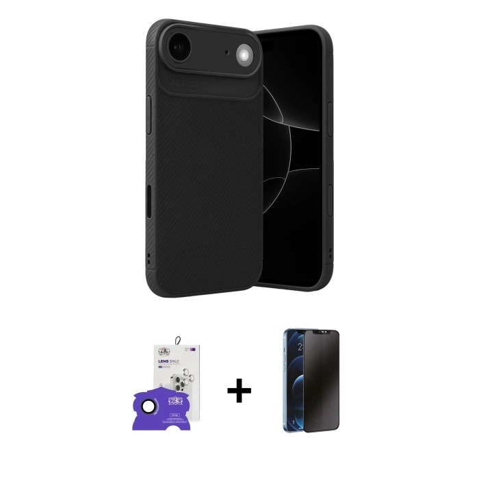 MARSİLYAN™- iPhone 17 Air Kılıf Eksen Form Prime - Siyah 3D Antistatik Hayalet Cam Ekran Koruyucu + Bilvis Titan Kamera Lens - SH