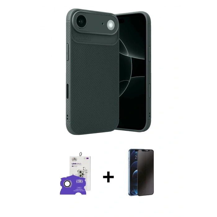 MARSİLYAN™- iPhone 17 Air Kılıf Eksen Form Prime - Siyah 3D Antistatik Hayalet Cam Ekran Koruyucu + Bilvis Titan Kamera Lens - GD