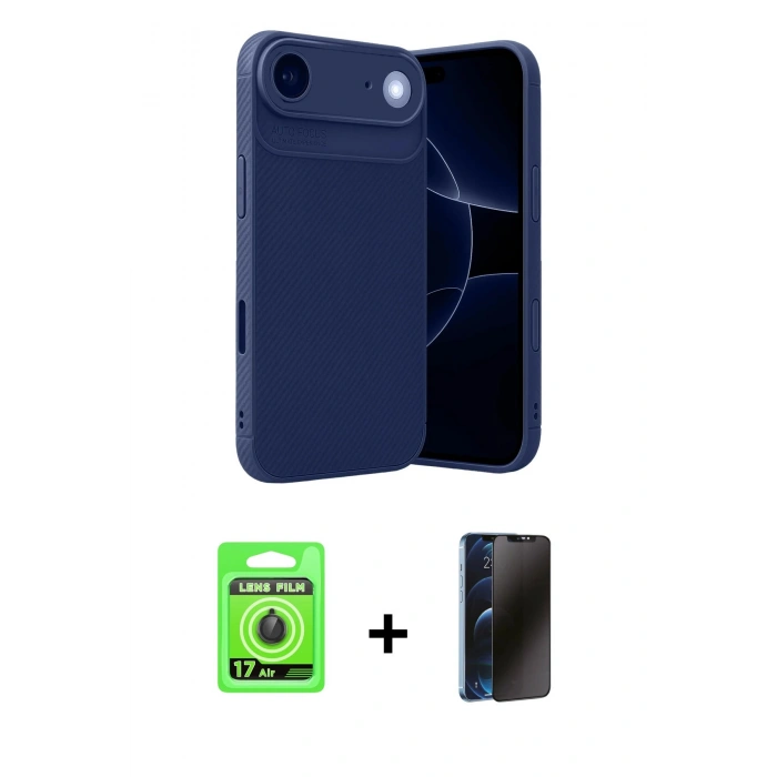 MARSİLYAN™- iPhone 17 Air Kılıf Eksen Form Prime - Siyah 3D Antistatik Hayalet Cam Ekran Koruyucu + Raze Metal Kamera Lens - SH