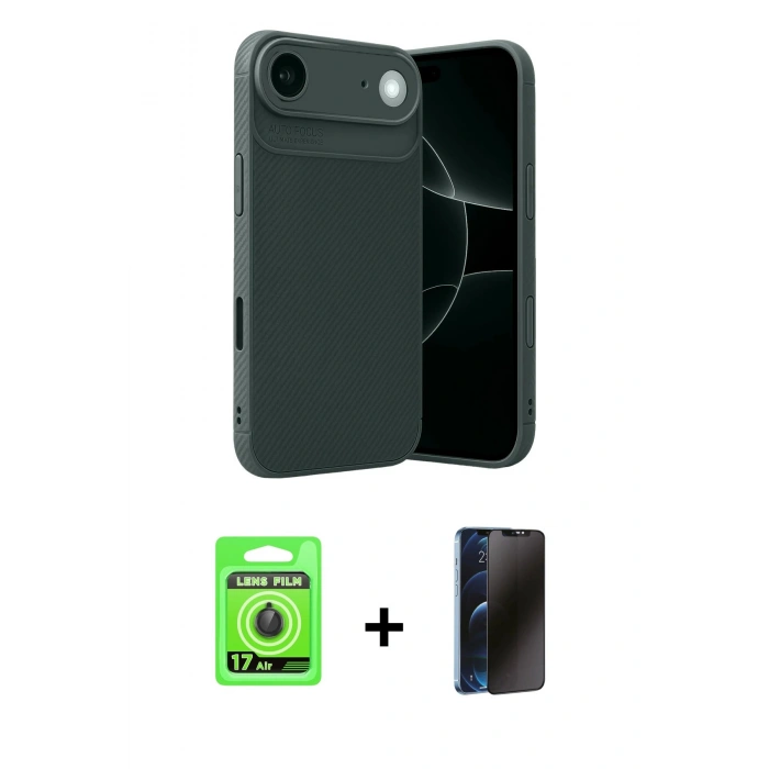 MARSİLYAN™- iPhone 17 Air Kılıf Eksen Form Prime - Siyah 3D Antistatik Hayalet Cam Ekran Koruyucu + Raze Metal Kamera Lens - SH