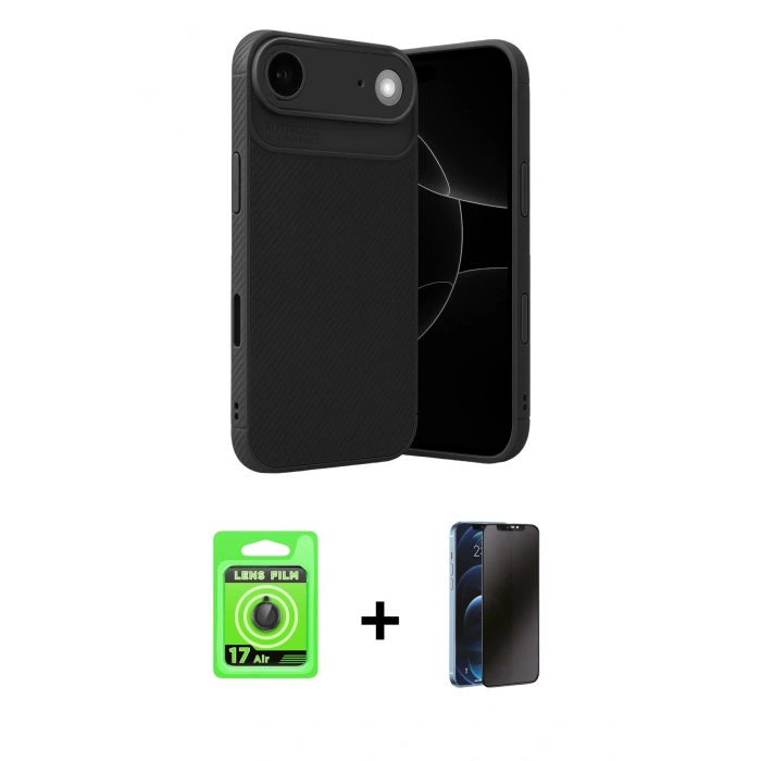 MARSİLYAN™- iPhone 17 Air Kılıf Eksen Form Prime - Siyah 3D Antistatik Hayalet Cam Ekran Koruyucu + Raze Metal Kamera Lens - SH