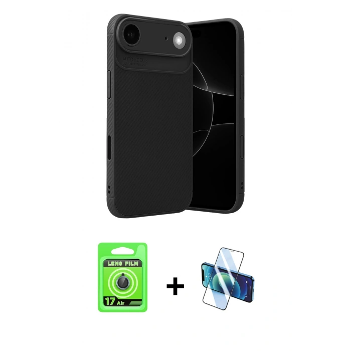 MARSİLYAN™- iPhone 17 Air Kılıf Eksen Form Prime - Siyah 3D Antistatik Seramik Nano Ekran Koruyucu + Raze Metal Kamera Lens - MI