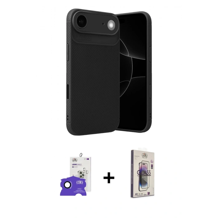 MARSİLYAN™- iPhone 17 Air Kılıf Eksen Form Prime - Siyah Bilvis 3D Cam Ekran Koruyucu + Bilvis Titan Kamera Lens - LT
