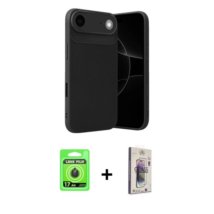 MARSİLYAN™- iPhone 17 Air Kılıf Eksen Form Prime - Siyah Bilvis 3D Cam Ekran Koruyucu + Raze Metal Kamera Lens - SH