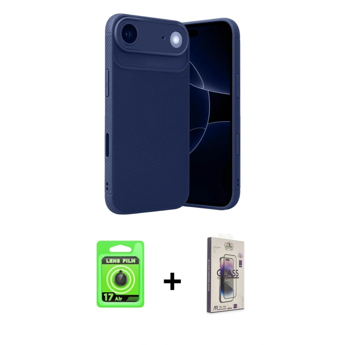 MARSİLYAN™- iPhone 17 Air Kılıf Eksen Form Prime - Siyah Bilvis 3D Cam Ekran Koruyucu + Raze Metal Kamera Lens - SH