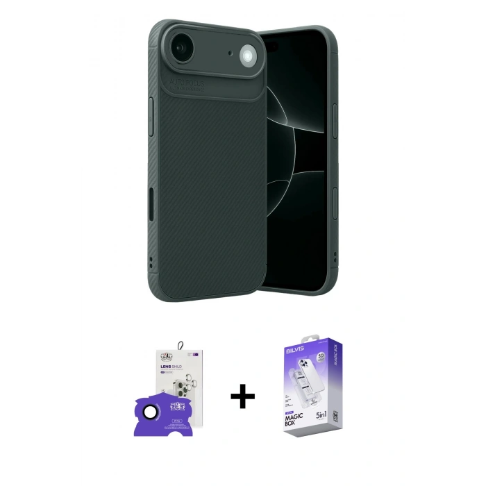 MARSİLYAN™- iPhone 17 Air Kılıf Eksen Form Prime - Siyah Bilvis 5in1 3D Magic Cam Ekran Koruyucu + Bilvis Titan Kamera Lens - LT