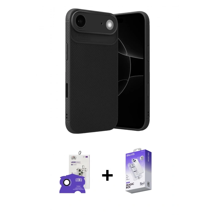 MARSİLYAN™- iPhone 17 Air Kılıf Eksen Form Prime - Siyah Bilvis 5in1 3D Magic Cam Ekran Koruyucu + Bilvis Titan Kamera Lens - SH