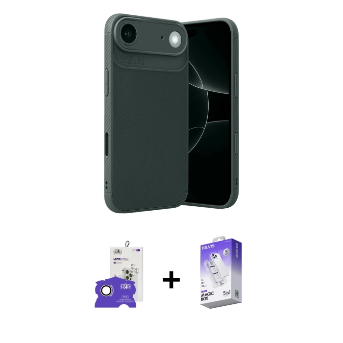 MARSİLYAN™- iPhone 17 Air Kılıf Eksen Form Prime - Siyah Bilvis 5in1 3D Magic Cam Ekran Koruyucu + Gold Bilvis Titan Kamera Lens