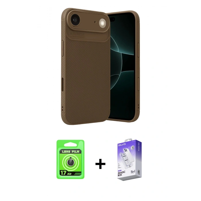 MARSİLYAN™- iPhone 17 Air Kılıf Eksen Form Prime - Siyah Bilvis 5in1 3D Magic Cam Ekran Koruyucu + Gold Raze Metal Kamera Lens