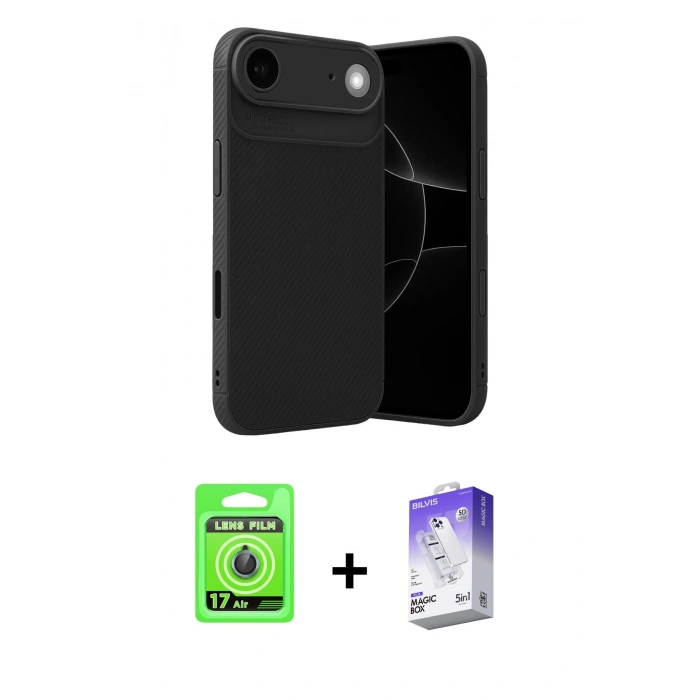 MARSİLYAN™- iPhone 17 Air Kılıf Eksen Form Prime - Siyah Bilvis 5in1 3D Magic Cam Ekran Koruyucu + Raze Metal Kamera Lens - MI