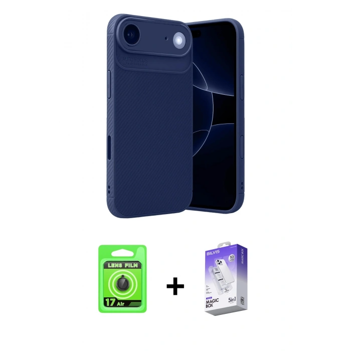 MARSİLYAN™- iPhone 17 Air Kılıf Eksen Form Prime - Siyah Bilvis 5in1 3D Magic Cam Ekran Koruyucu + Siyah Raze Metal Kamera Lens